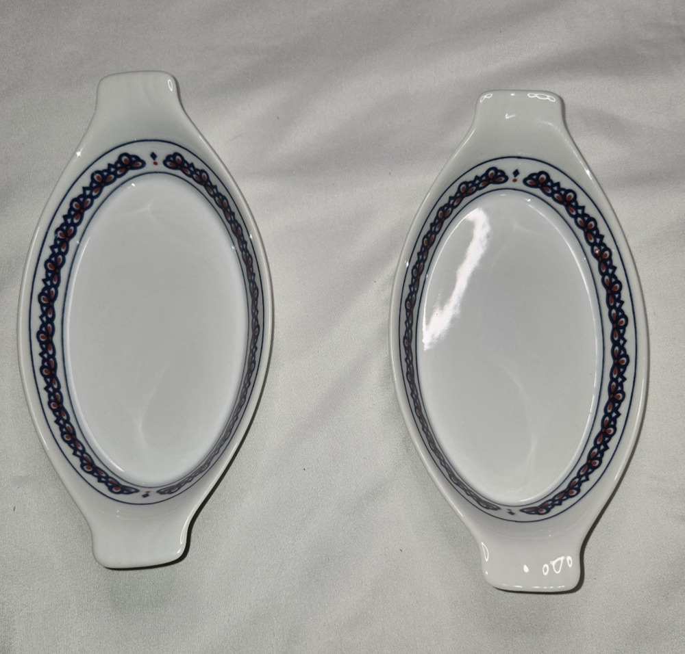 Vintage Manor House Porcelain Oval Handled Serving Dishes Blue Red Set of 2